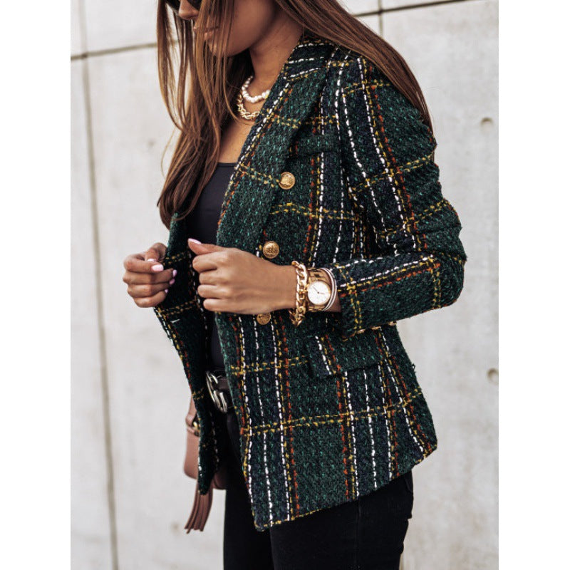 Plaid jacket for women with gold buttons and textured fabric Lune London