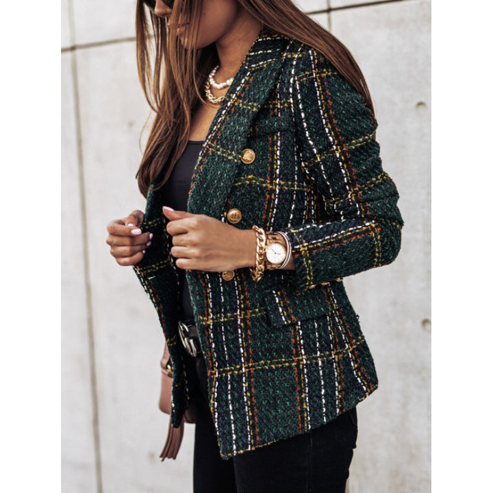 Plaid jacket for women with gold buttons and textured fabric Lune London