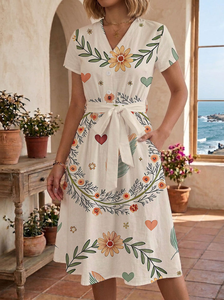 Women's casual maxi dress with adjustable knot and decorative check pattern Lune London