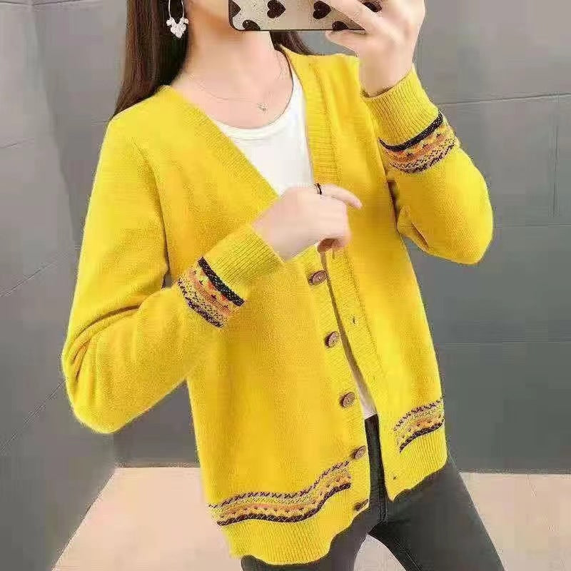 Knit jacket for women with artistic embroidery details and button closure Lune London