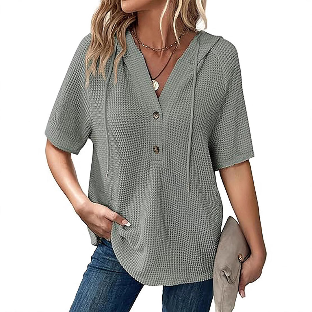 Short-sleeve blouse with embossed structure for ladies with hood and button placket Lune London