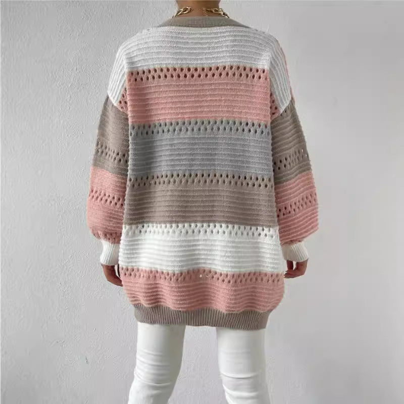 Ladies Casual Knit Cardigan with Modern Airy Patterns and Color Block Stripes Lune London