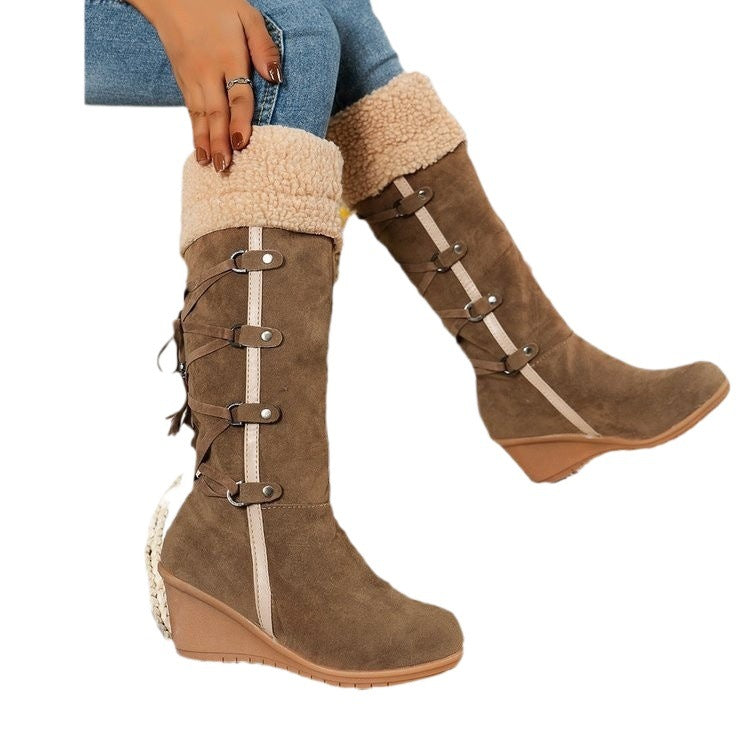 High-quality suede wedge boots for women with trendy pleated design Lune London