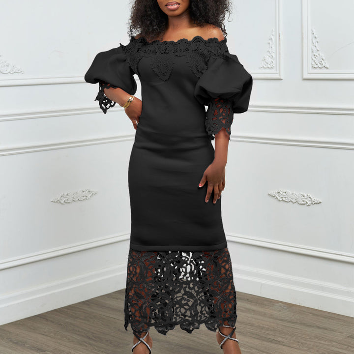 Maxi off-shoulder dress for women with lace accents and a flattering silhouette for Lune London