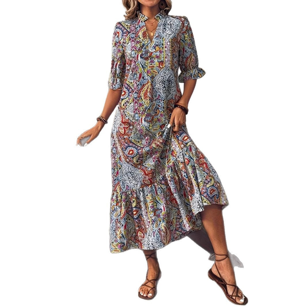 Women's maxi dress with colorful Paisley pattern and fashionable ruffle Lune London