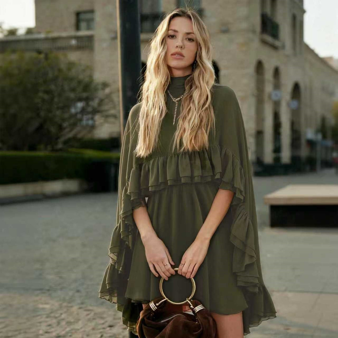 Women Elegant Ruffle Dress with High Neckline and Flowing Cut Lune London