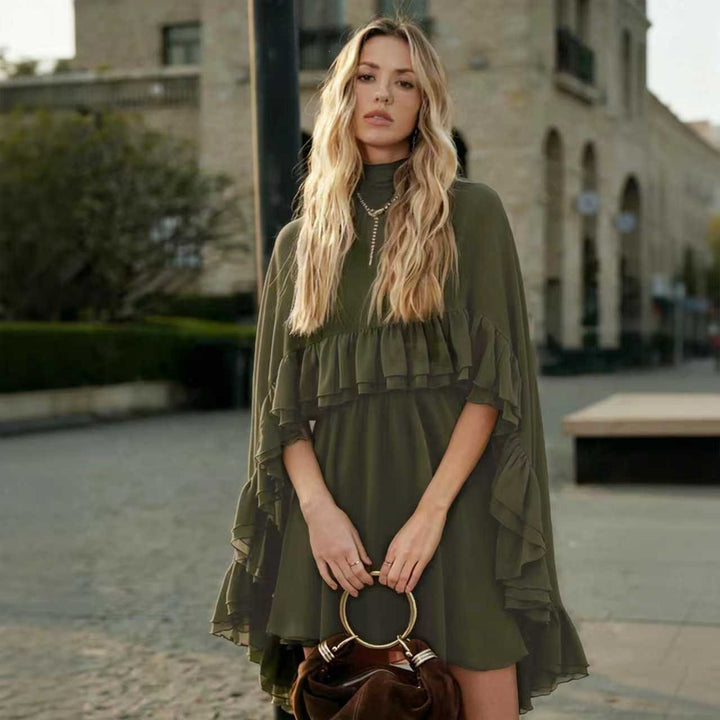 Women Elegant Ruffle Dress with High Neckline and Flowing Cut Lune London