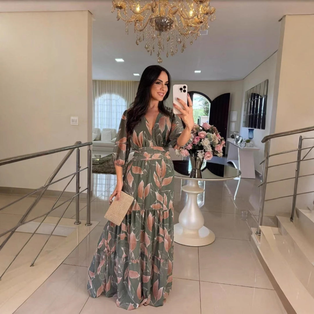 Maxi dress for women with colorful leaf pattern and fitted belt Lune London