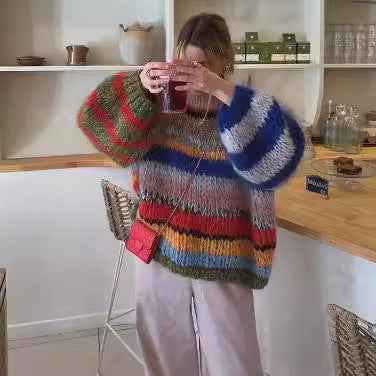 Women's Cozy Knit Sweater with Flared Sleeves and Colorful Stripe Pattern Lune London