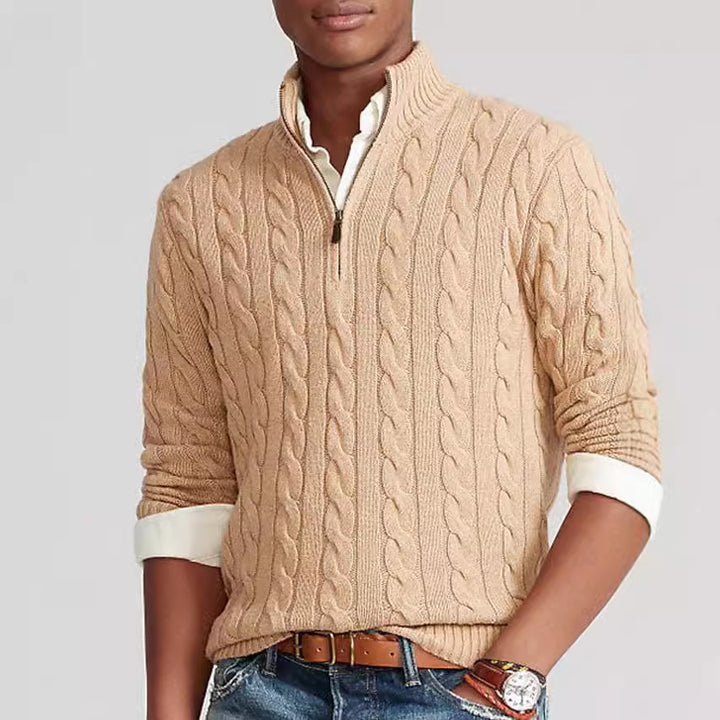 Elegant knitted sweater for men with high collar and half-zip Lune London