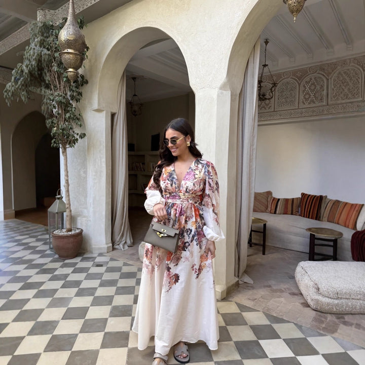 Maxi dress for women with floral patterns and refined gathering elements Lune London