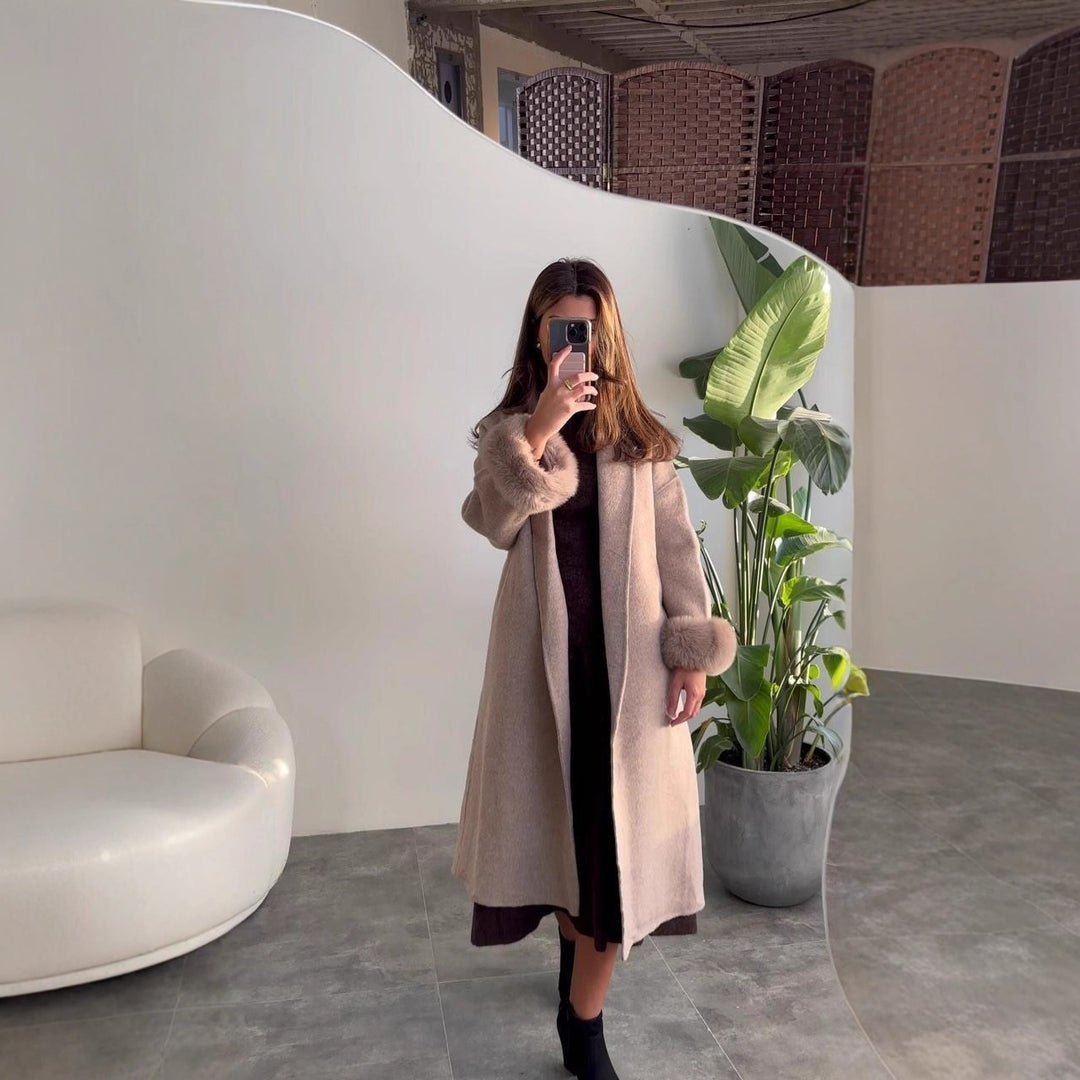 Ladies Elegant Long Coat with Removable Fur Sleeves Lune London