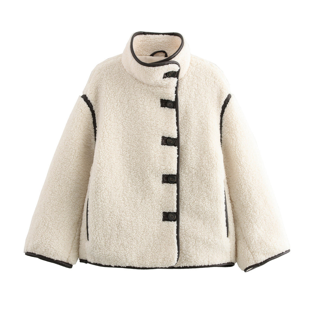 Ladies cozy fleece jacket with high collar and decorative button details Lune London