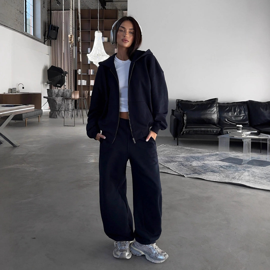 Ladies Comfortable Hooded Jacket and Wide Pants Sporty Relaxation Set Lune London