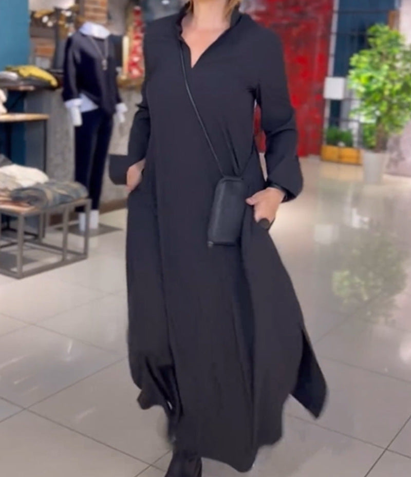 Elegant Lady long shirt dress with practical side pockets and chic collar
