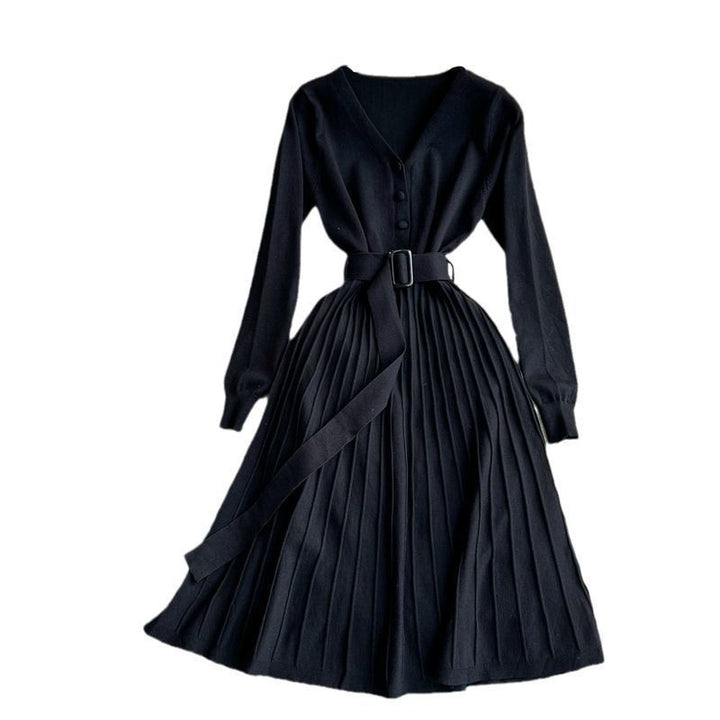 Pleated dress for women with belt and V-neck Lune London