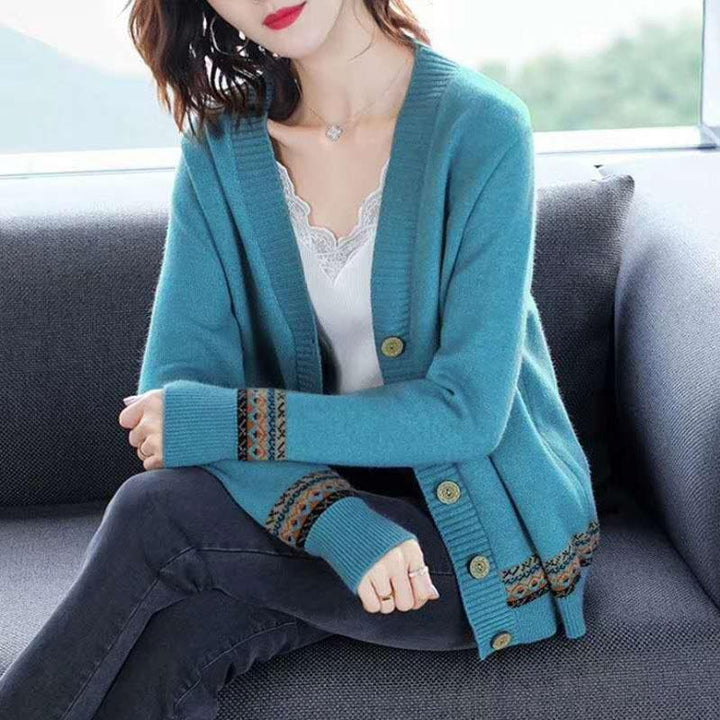Knit jacket for women with artistic embroidery details and button closure Lune London