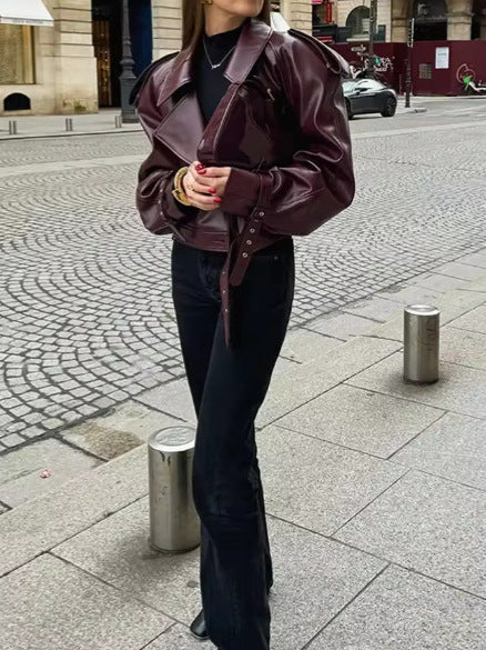 Ladies trendy oversized leather jacket with structured shoulders and waist belt Lune London