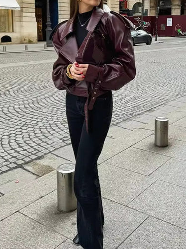Ladies trendy oversized leather jacket with structured shoulders and waist belt Lune London