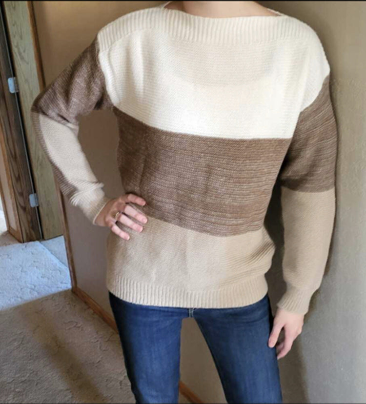 Ladies Comfortable Knit Sweater with Chic and Stylish Color Block Design