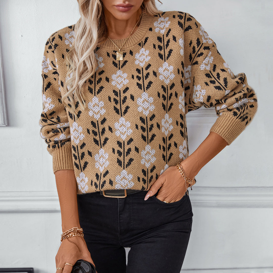 Casual women's sweater with floral pattern and round neckline Lune London