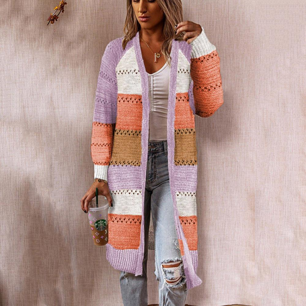 Retro patchwork style women's knitted jacket with long sleeves and a front opening Lune London