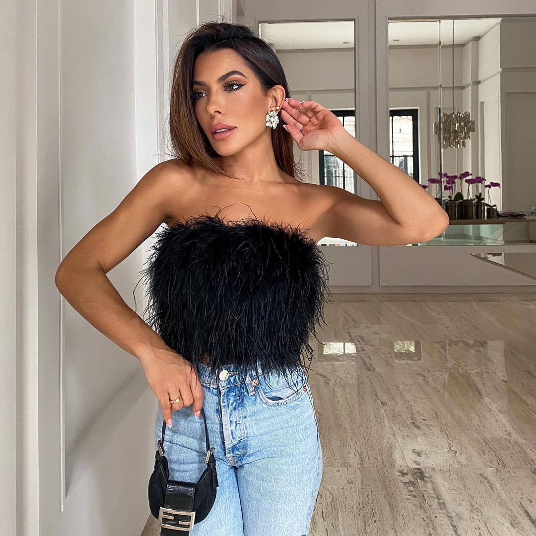 Women's Glamorous Plush Top with Removable Straps and Fringed Details Lune London