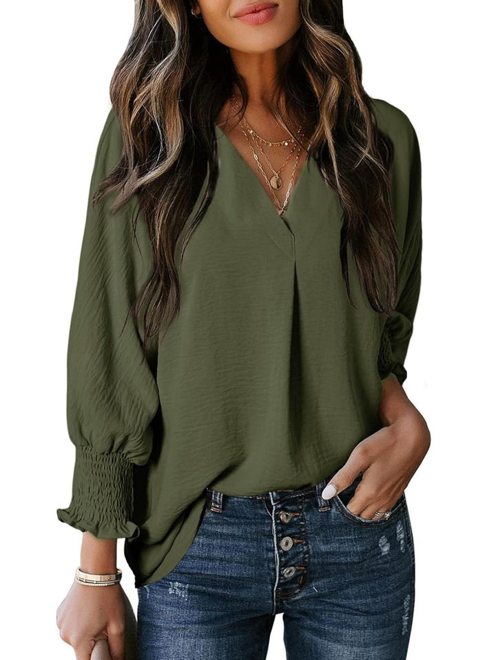 Women's V-Neck Blouse with Casual Balloon Sleeves and Ruffle Details Chic und Stil