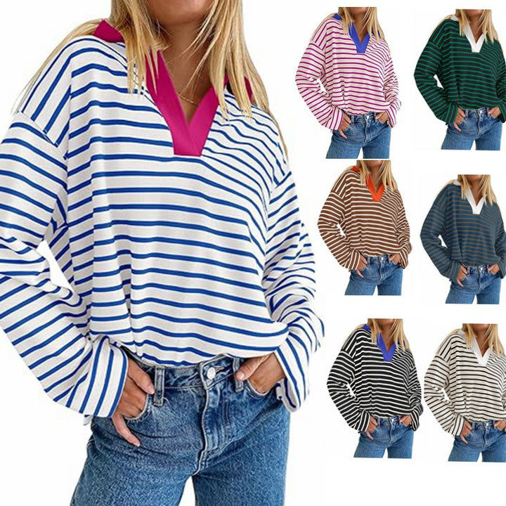 Casual striped summer sweater for women with V-neck and long sleeves Lune London
