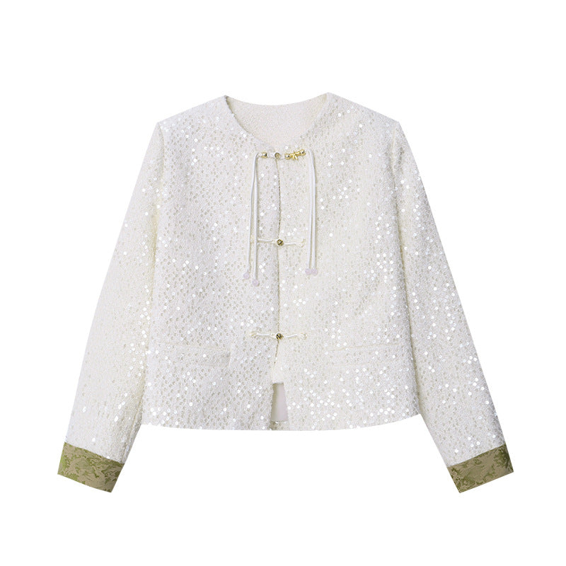 Women's Elegant Boucle Jacket with Sequins and Contrasting Sleeves Chic & Stil