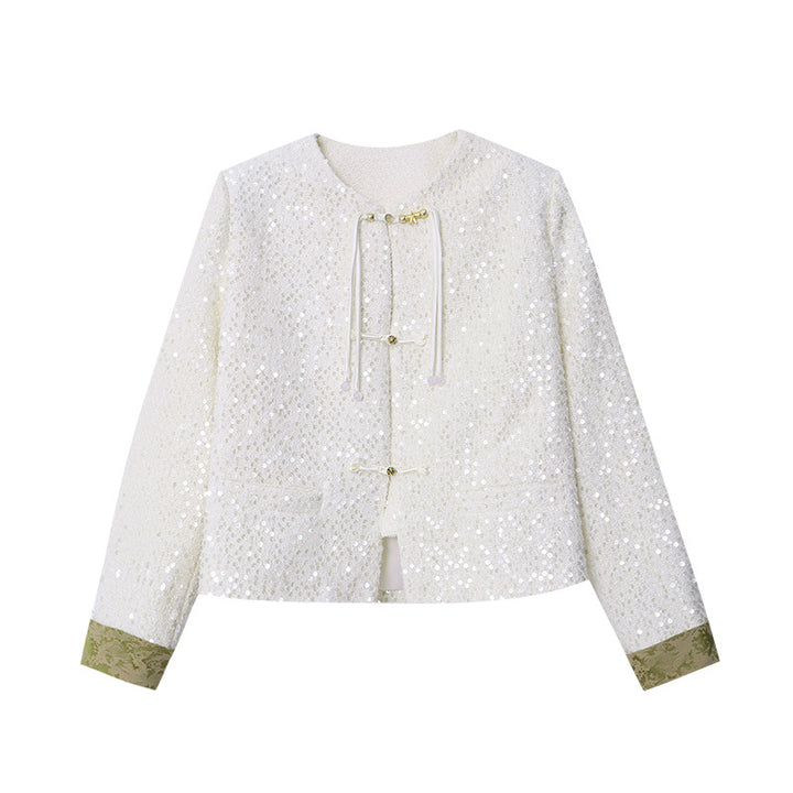 Women's Elegant Boucle Jacket with Sequins and Contrasting Sleeves Chic & Stil