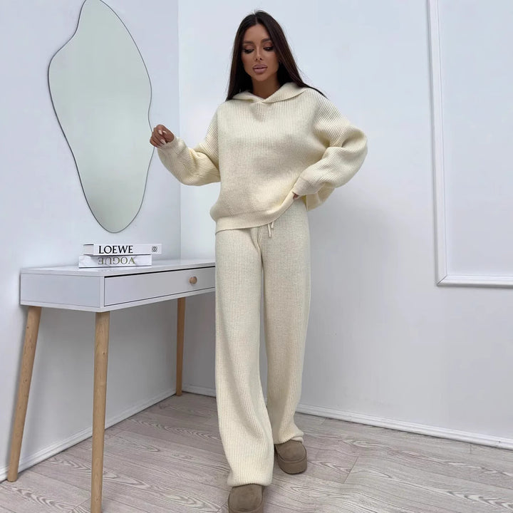 Women's Cozy Knit Loungewear Set with Loose Fit and Chic Hood