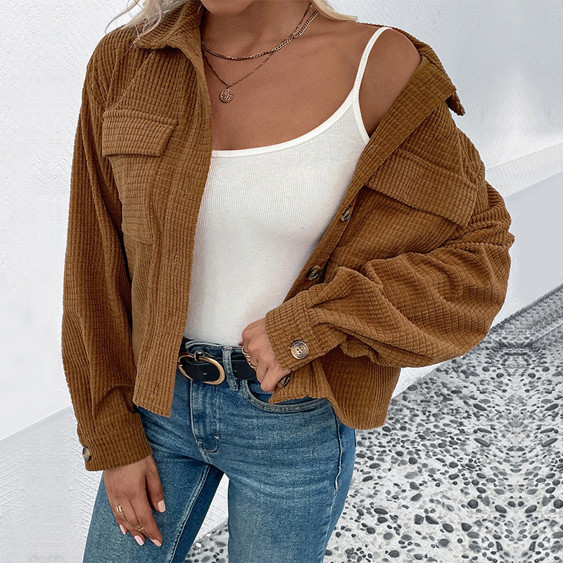 Ladies Khaki Corduroy Jacket with Pockets and Button Closure Lune London
