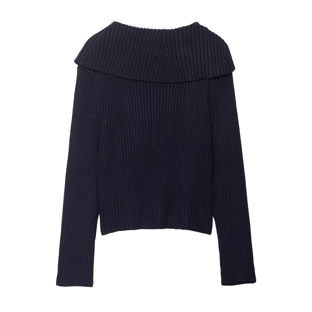 Ladies stylish knit sweater with asymmetrical collar and zipper Lune London