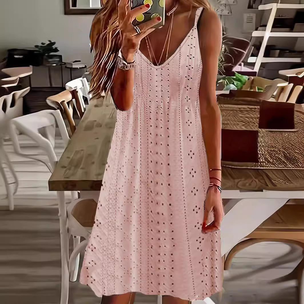 Women’s sleeveless summer dress with decorative cut-out pattern and V-neck Lune London