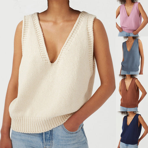 Women's stylish knit top with deep V-neck and wide straps Lune London