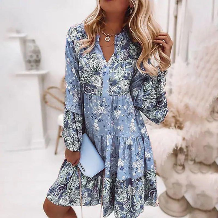 Elegant blouson dress for ladies with floral design and ruffles Lune London