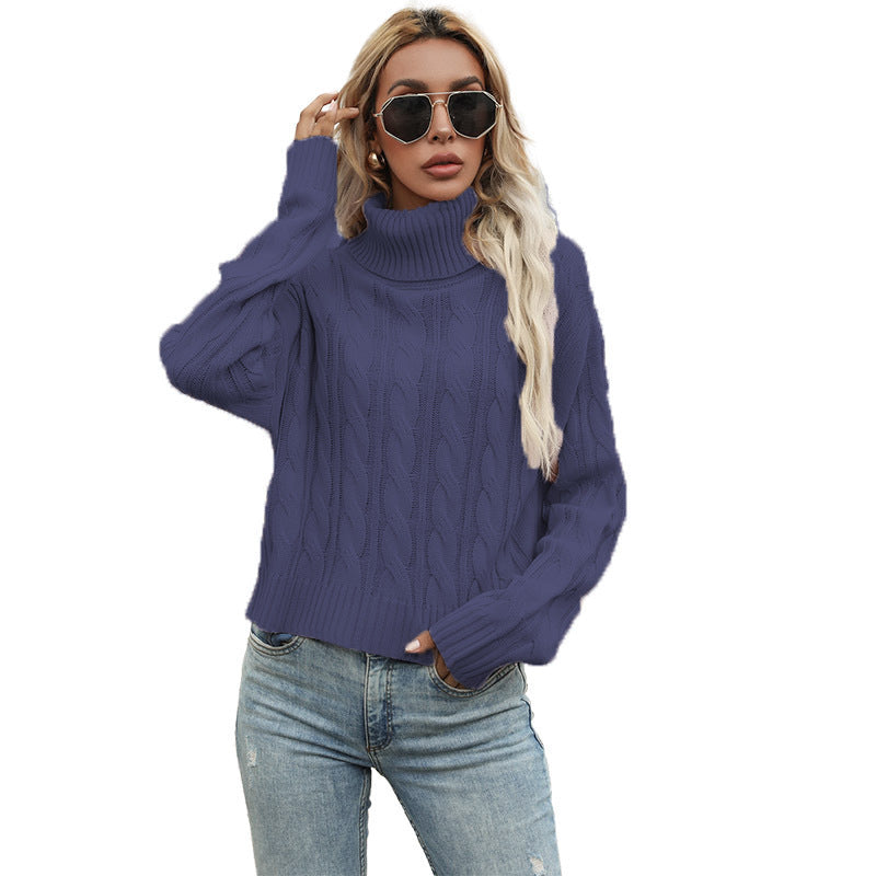 Knit sweater with high collar and cable knit pattern for women Lune London