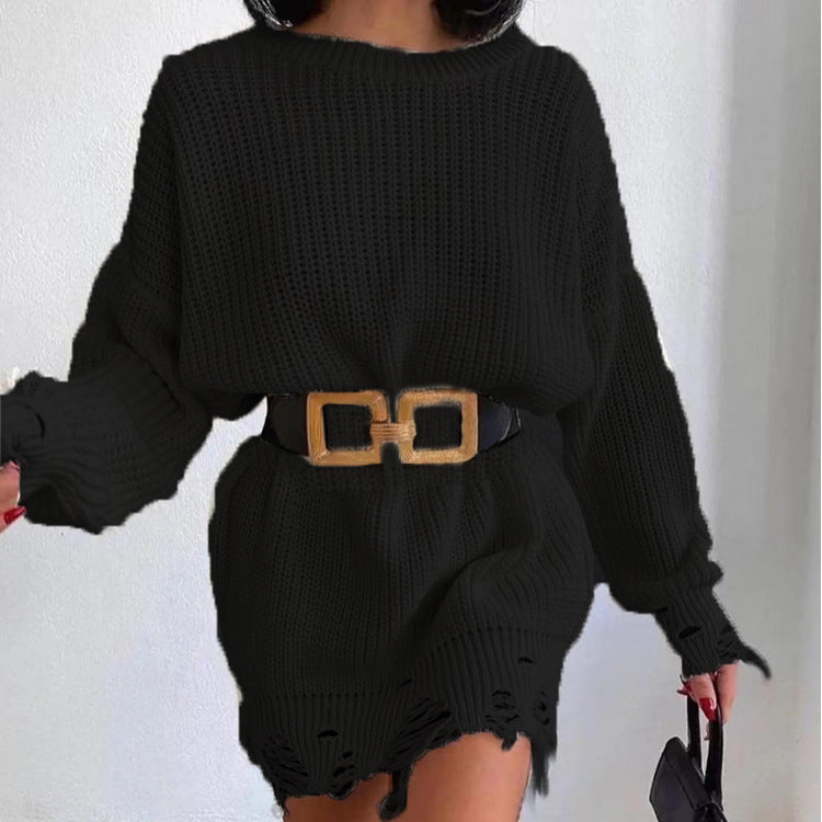 Knitted dress for women with asymmetric hem and trendy belt Lune London