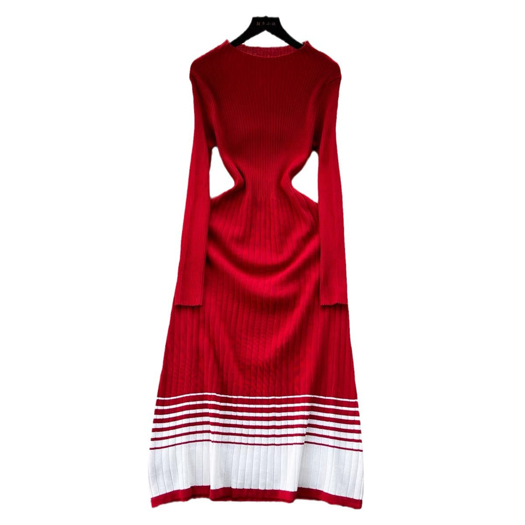 Knit dress for women with high collar and refined striped pattern Lune London