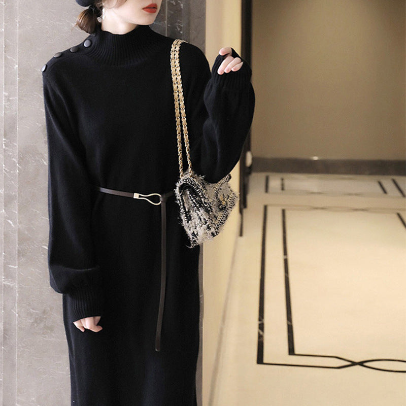 Ladies Elegant maxi knit dress with high collar and decorative buttons Lune London