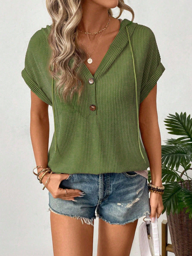 Casual short sleeve shirt for women with button placket and hood Lune London
