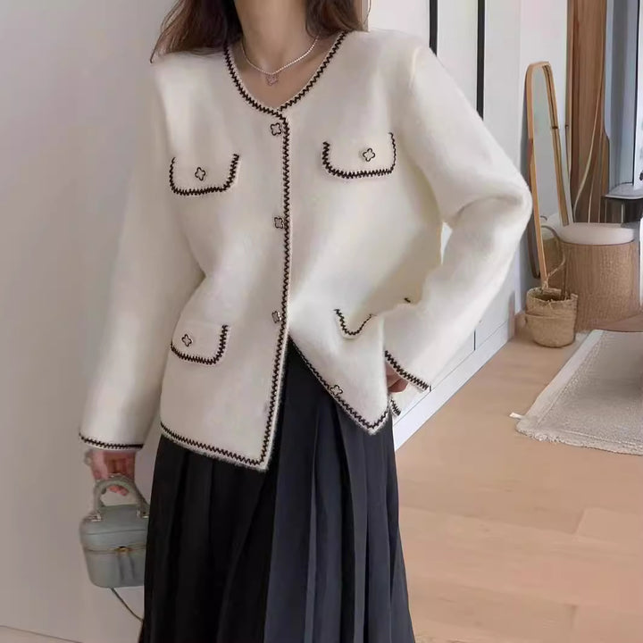 Ladies elegant knitted jacket with contrasting seams and pockets Lune London