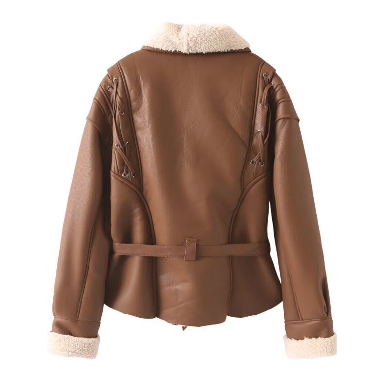 Faux leather jacket for women with warm shearling lining and elegant lacing details Lune London