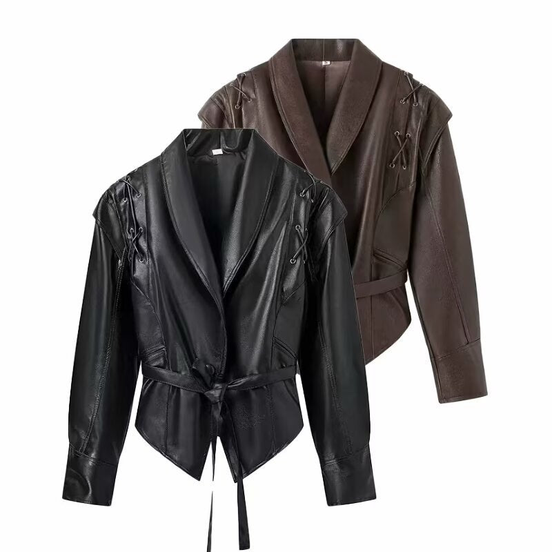Ladies elegant faux leather jacket with adjustable belt and decorative lace details Lune London