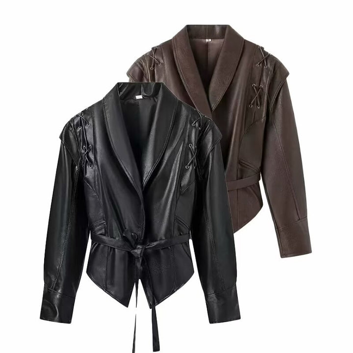 Ladies elegant faux leather jacket with adjustable belt and decorative lace details Lune London