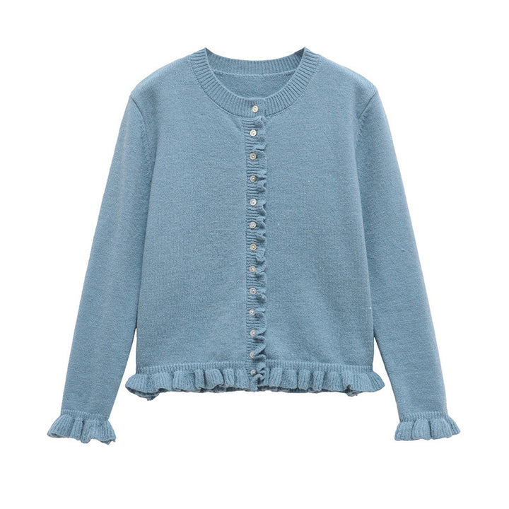 Casual knit jacket for women with ruffle details and a button closure Lune London