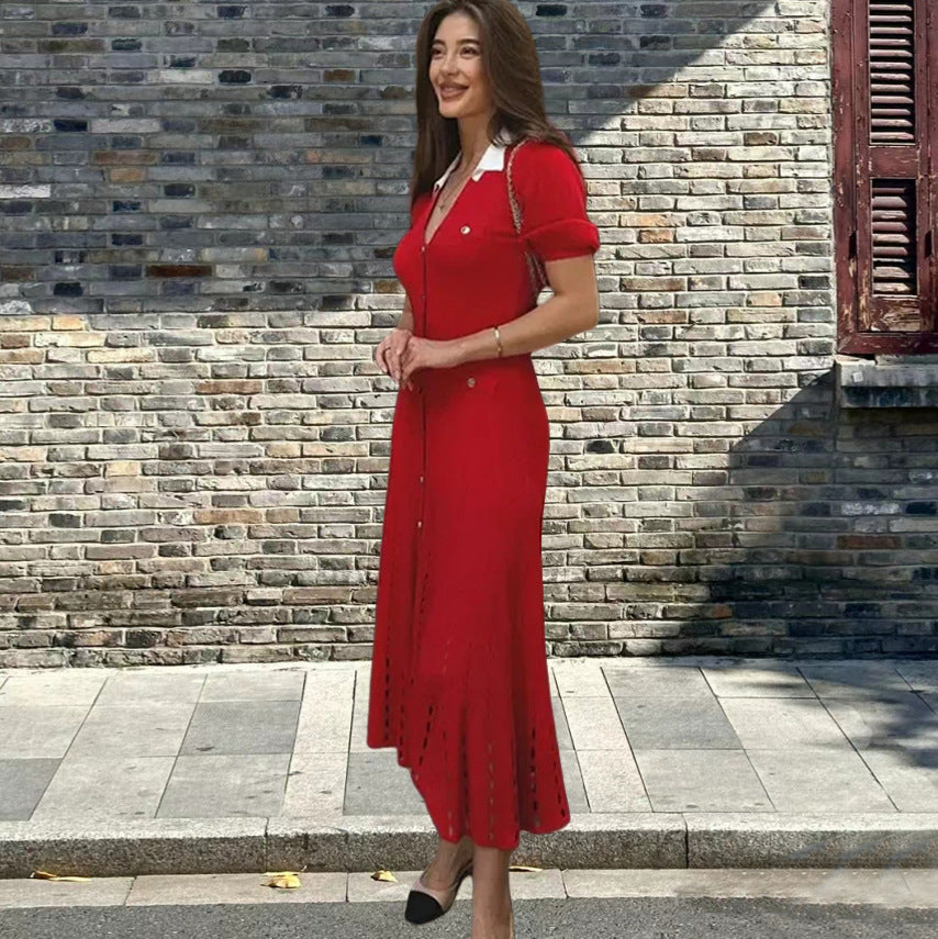 Midi dress for women with button placket and contrasting collar Lune London