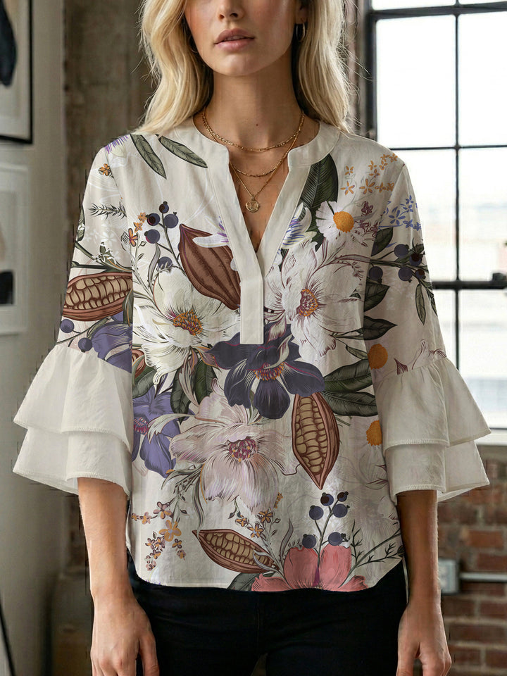 Women Elegant Top with Voluminous Puff Sleeves and Floral Print Lune London