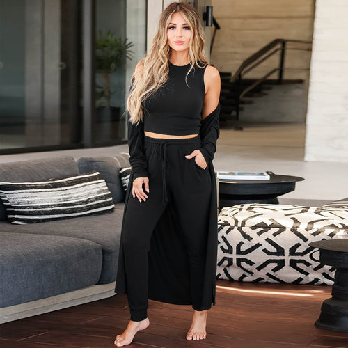 Ladies Long Cardigan with open cut and casual fitted pants Lune London